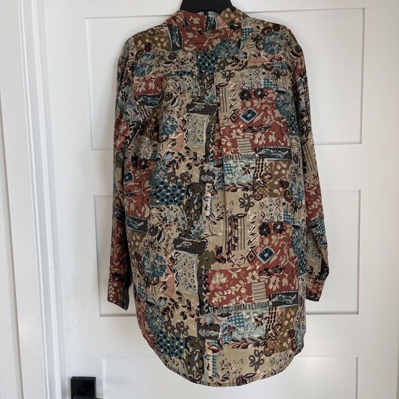 Vintage Womens Cote de France Silk Button Blouse Long Sleeve Brown Multi Sz S - Picture 9 of 13